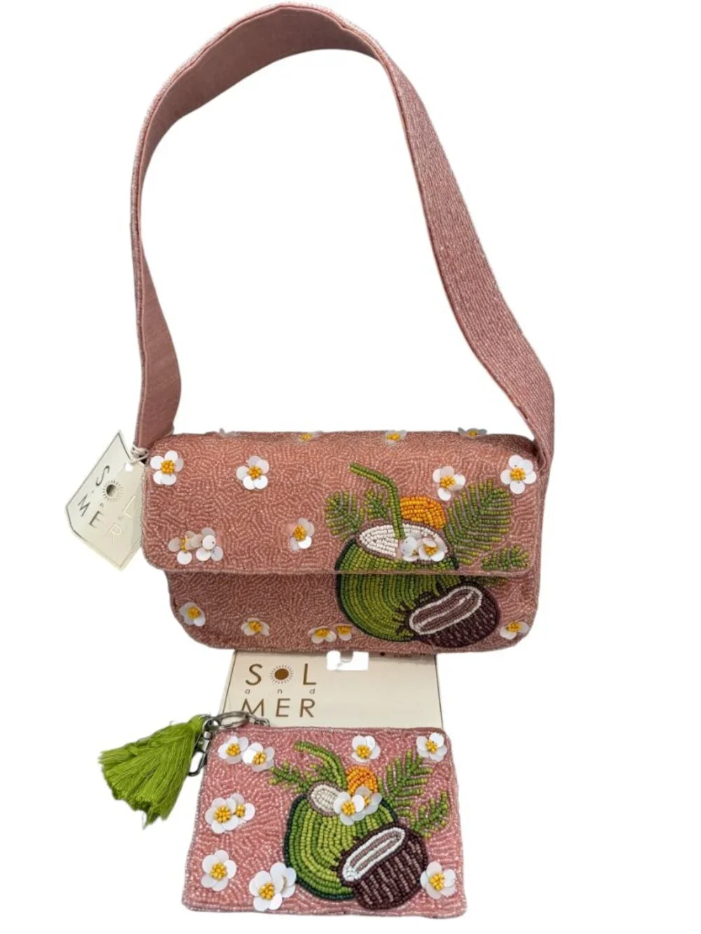 Sol and Mer Beaded Bag Tropical Coconut Cocktail Drink & Coin Purse Set NWT